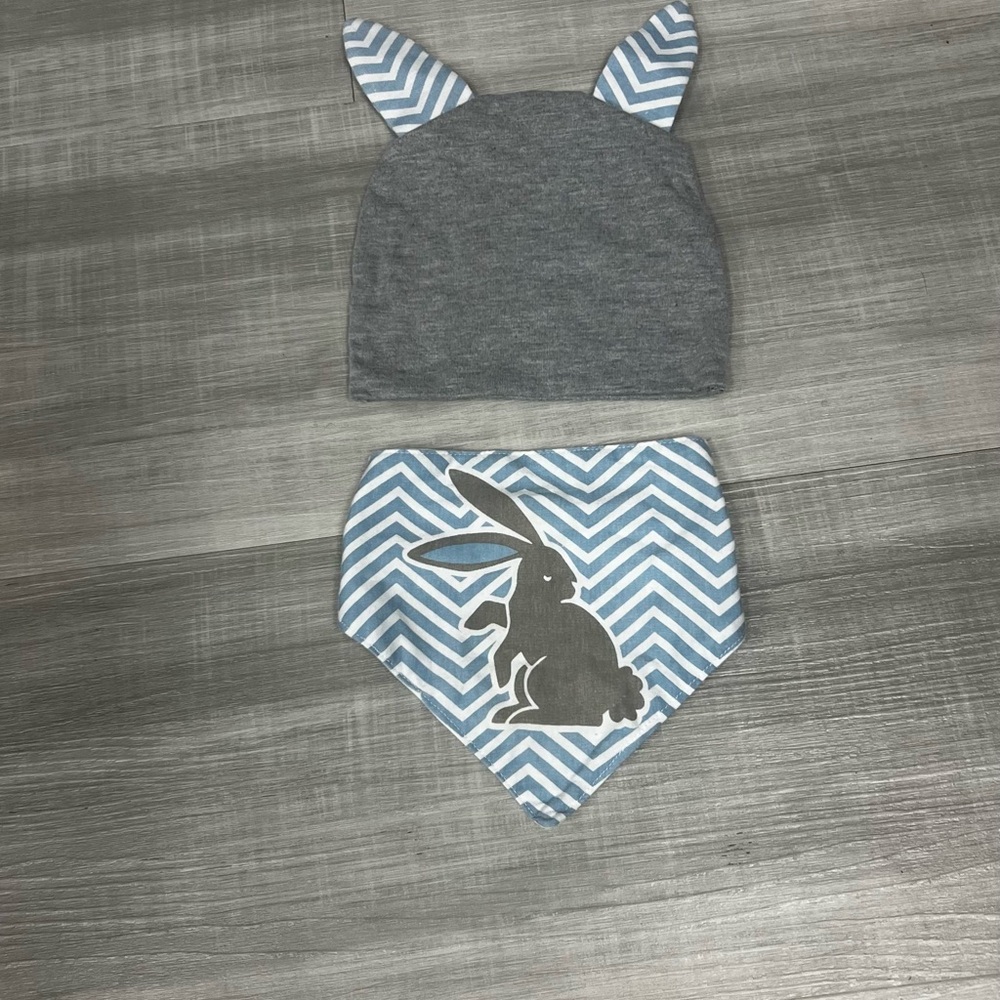 Gray and Blue Bunny Ear Hat and Bib Set